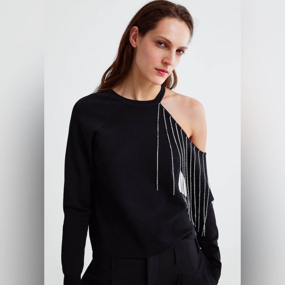 Zara one shoulder black sweater with rhinestones